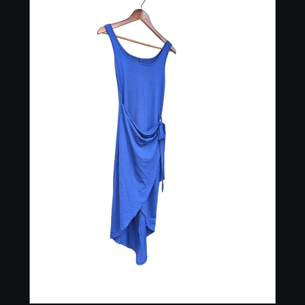Blue Wrap Tie front midi dress Sleeveless tank top. Tee shirt like material.